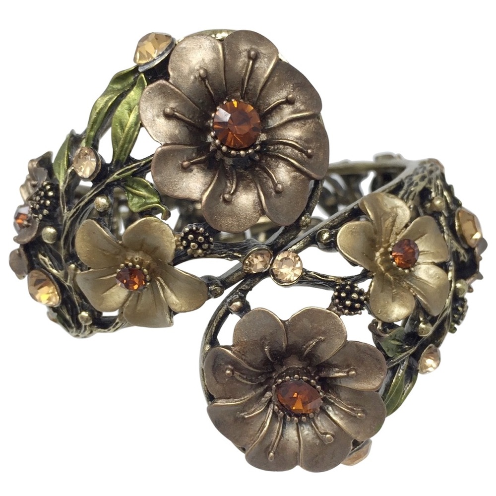 Brown Flowers Rhinestone Gold Chunky Statement Wide Large Hinged Bangle Bracelet